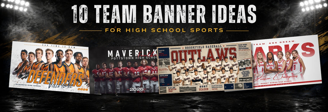 10 team poster and team banner template ideas for high school sports featuring volleyball, football, baseball, and basketball team designs.