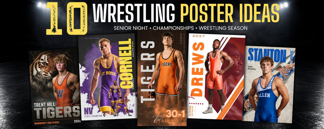 10 wrestling poster ideas for senior night, championships, and wrestling season featuring five high school wrestling poster designs