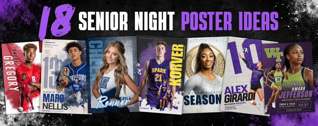 18 senior night poster ideas featuring custom sports designs for basketball, baseball, soccer, volleyball, track, gymnastics, cheer, and more.