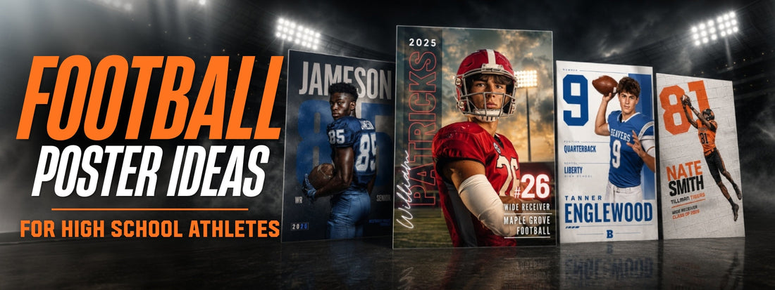 Football poster templates featuring high school athletes displayed in a dramatic stadium setting with lights and smoke.