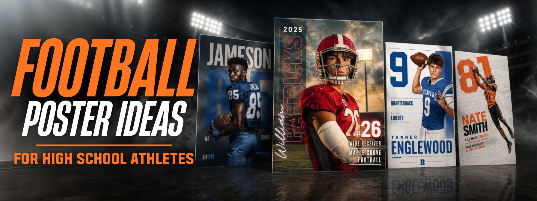 Football poster templates featuring high school athletes displayed in a dramatic stadium setting with lights and smoke.