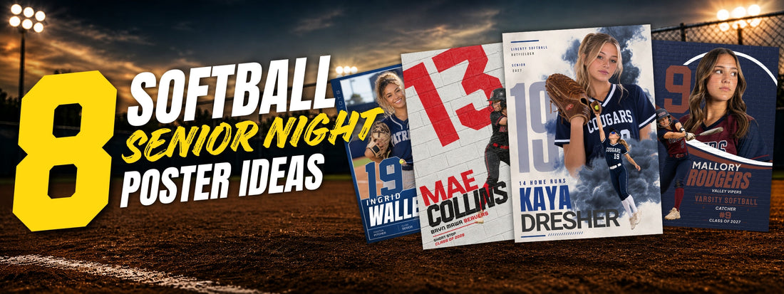 8 softball senior night poster ideas for high school players featuring customizable athlete poster designs on a softball field.