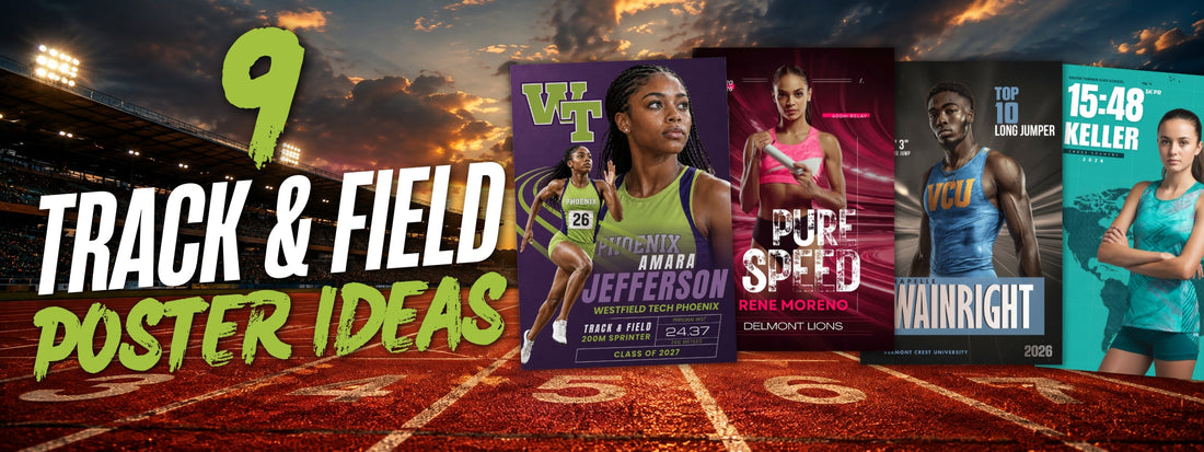 Track and field poster ideas for high school athletes featuring senior night, sprinter, jumper, and running poster designs