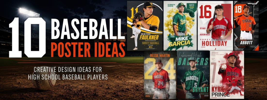 10 baseball poster ideas for high school players featuring creative senior poster designs on a baseball field background