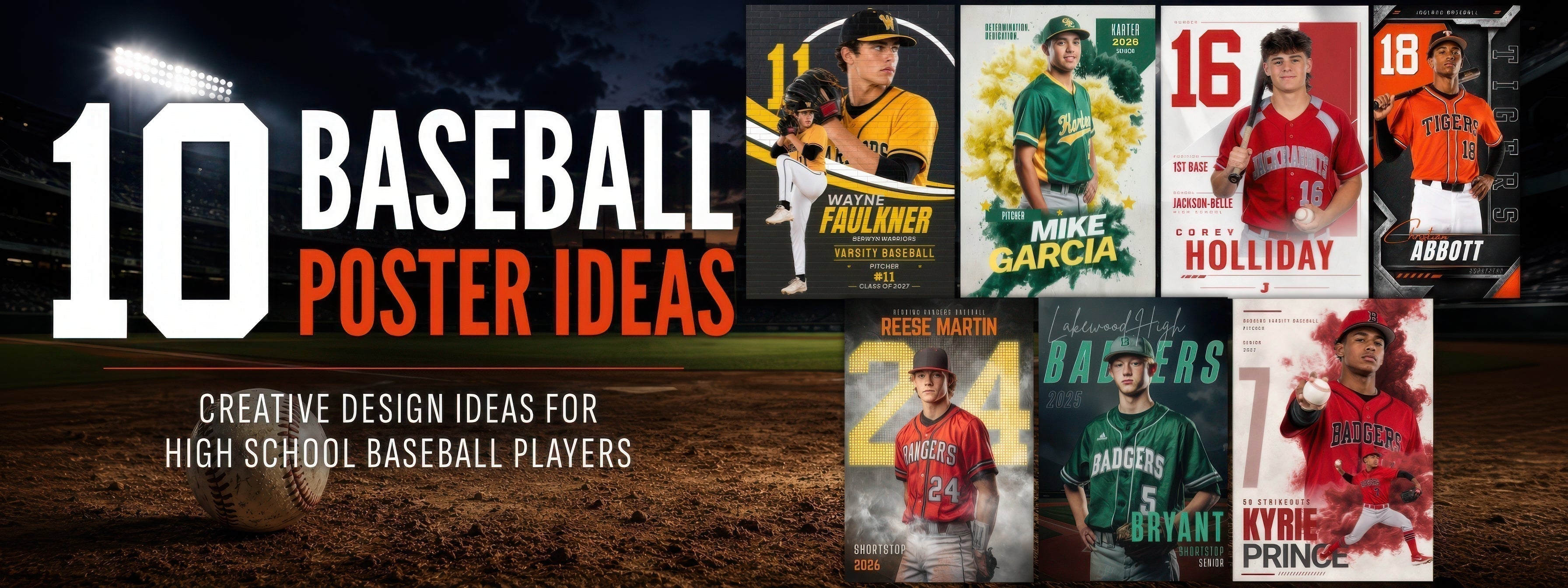 10 baseball poster ideas for high school players featuring creative senior poster designs on a baseball field background