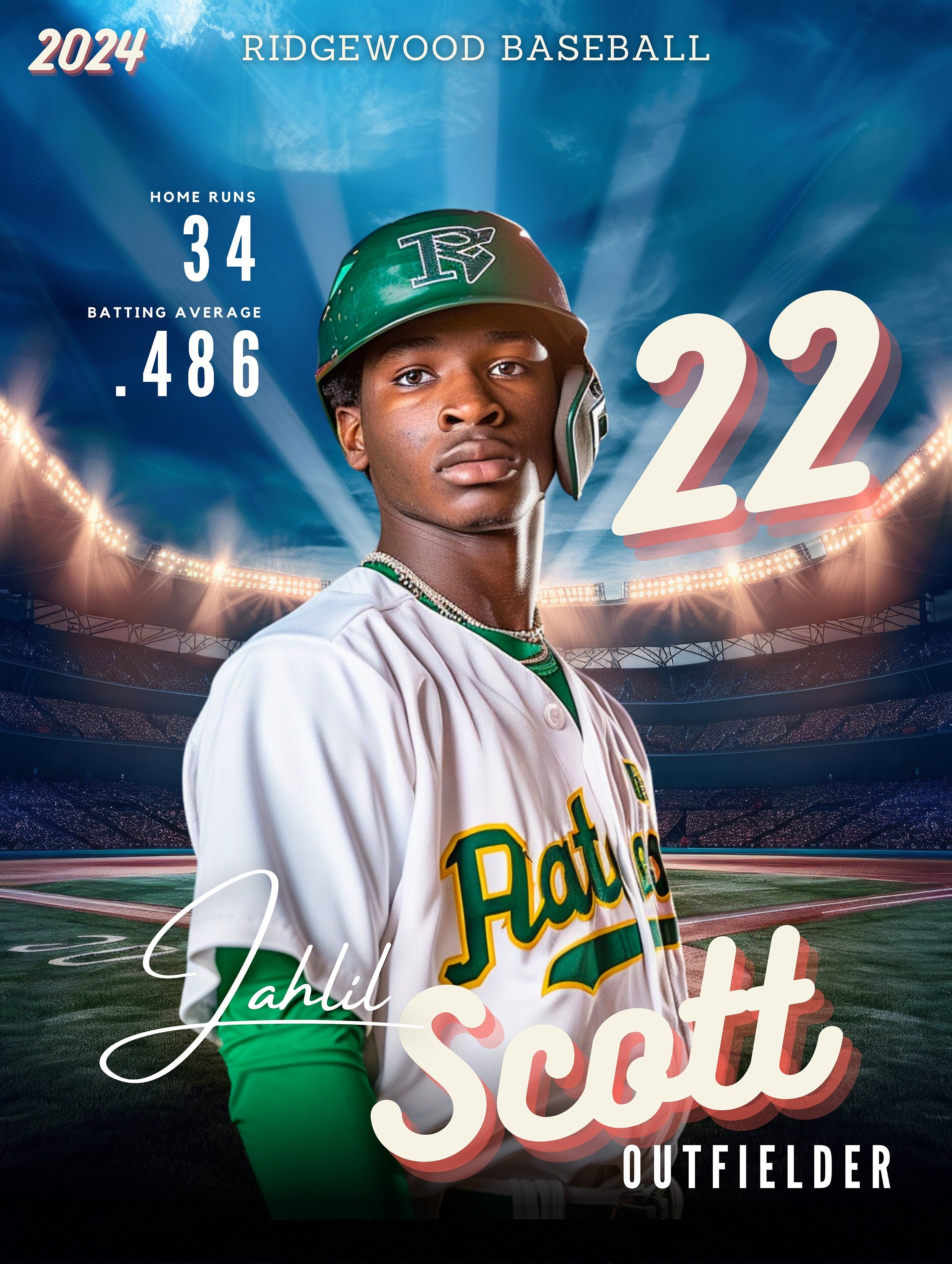 Bright Stadium Lights Baseball Poster Template | Editable in Canva | 3:4