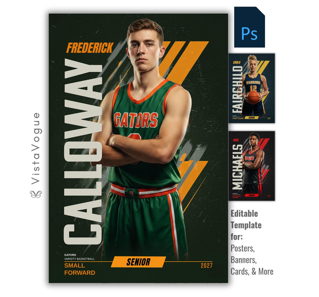 Editable basketball poster Photoshop template featuring a basketball player poster design with bold vertical typography and modern sports graphics.