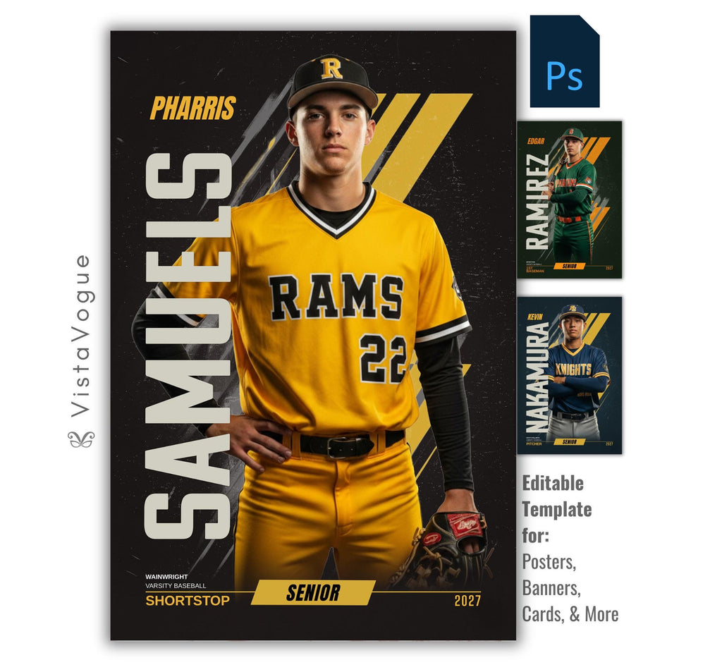 Editable baseball banner Photoshop template featuring a high school baseball player poster design with bold vertical typography and modern sports graphics.