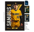 Editable baseball banner Photoshop template featuring a high school baseball player poster design with bold vertical typography and modern sports graphics.