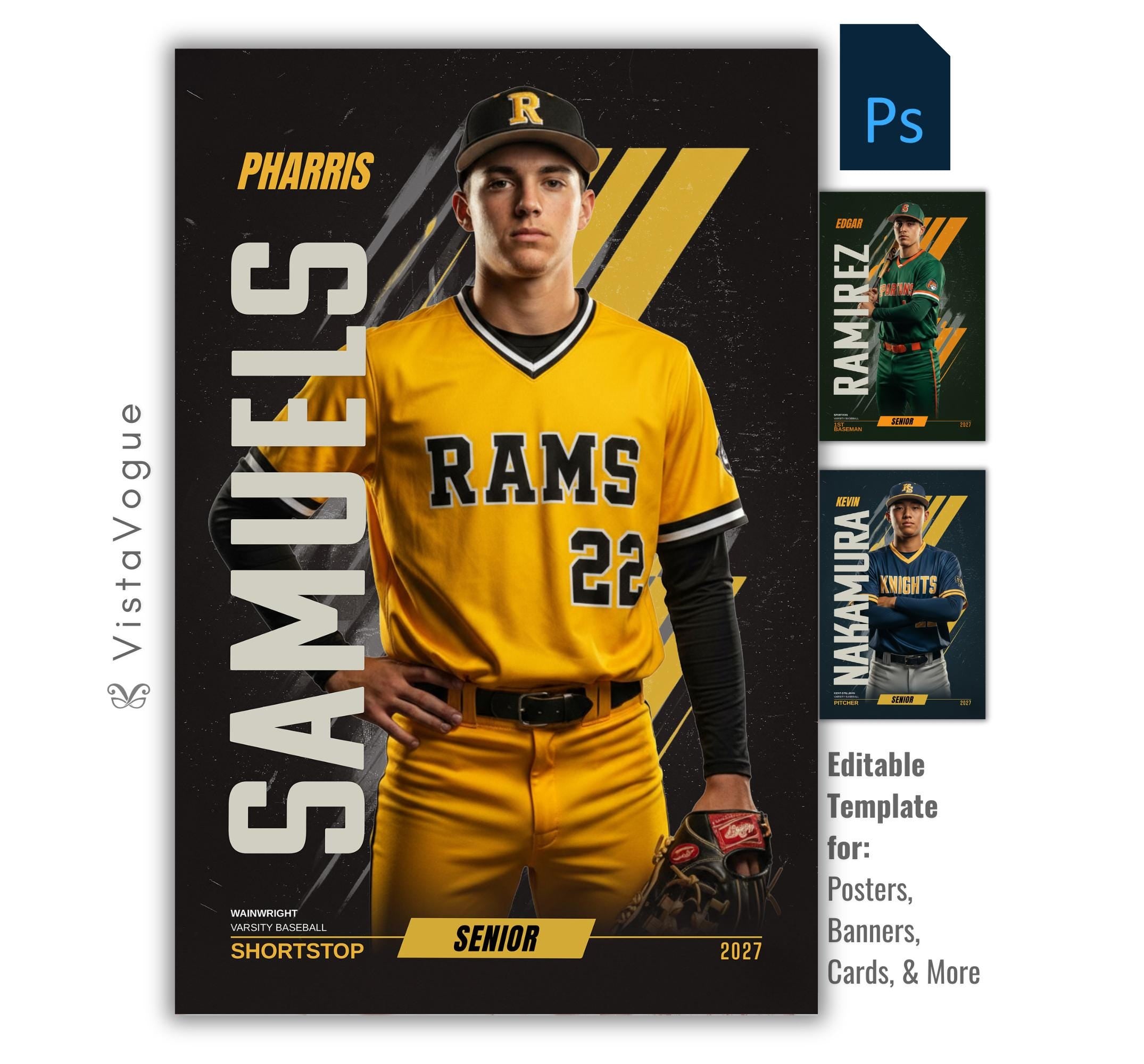 Editable baseball banner Photoshop template featuring a high school baseball player poster design with bold vertical typography and modern sports graphics.