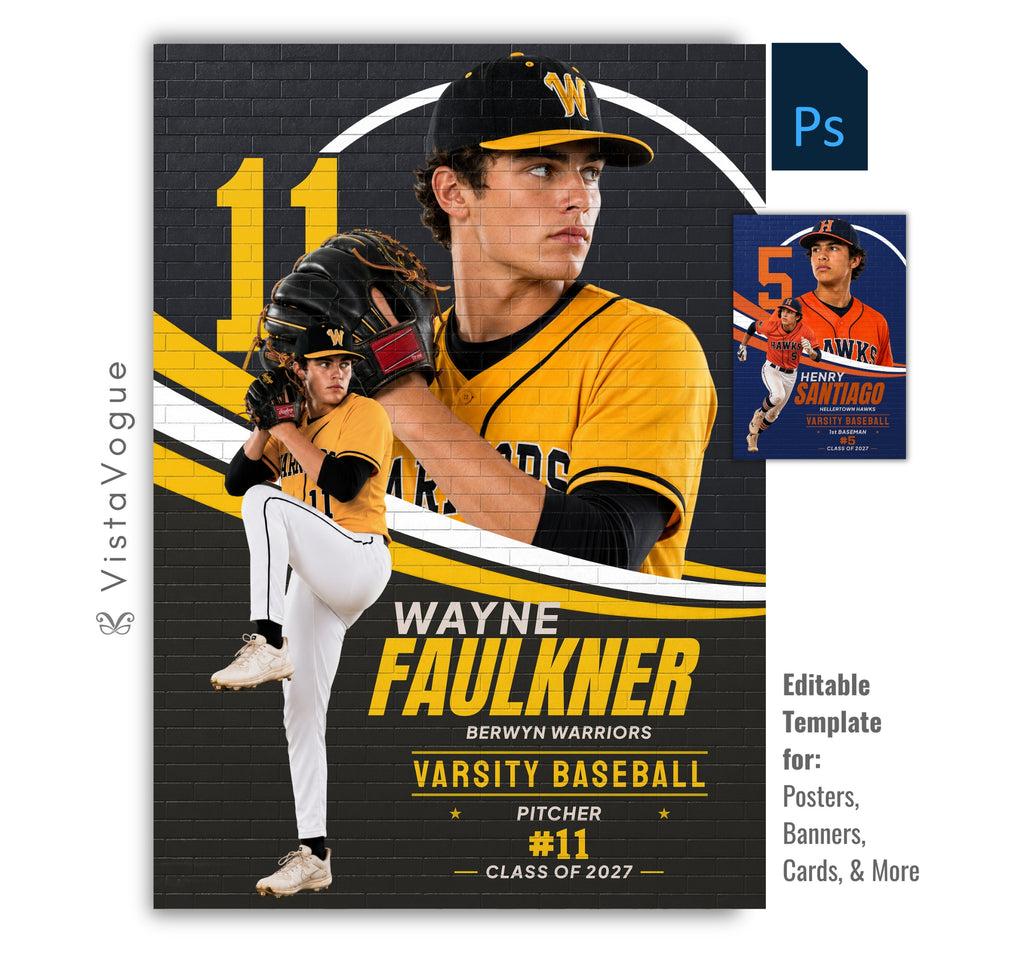 Editable baseball poster Photoshop template featuring a brick wall mural effect, oversized jersey number, layered player composition, customizable athlete information, and a modern 5:7 sports design.