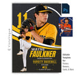 Editable baseball poster Photoshop template featuring a brick wall mural effect, oversized jersey number, layered player composition, customizable athlete information, and a modern 5:7 sports design.