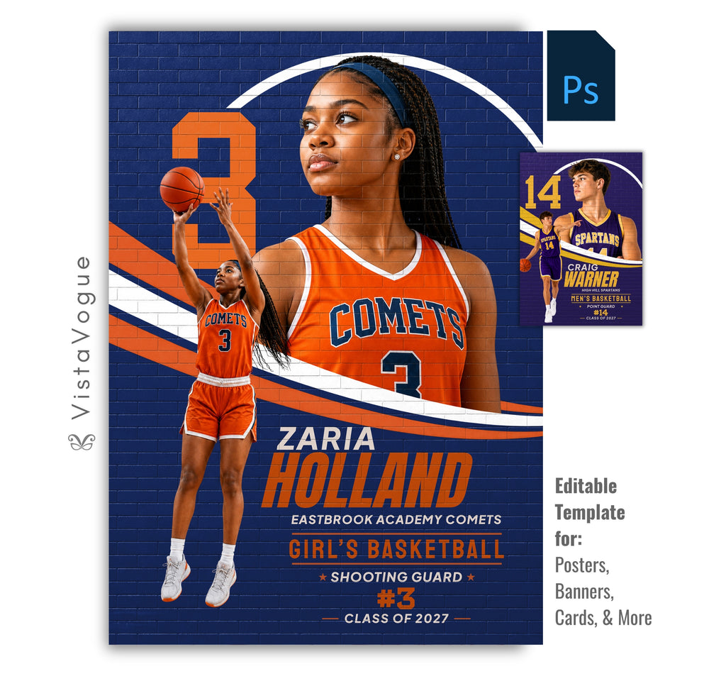 Editable basketball poster Photoshop template featuring a brick wall mural effect, oversized jersey number, layered player composition, customizable athlete information, and a modern 5:7 sports design.