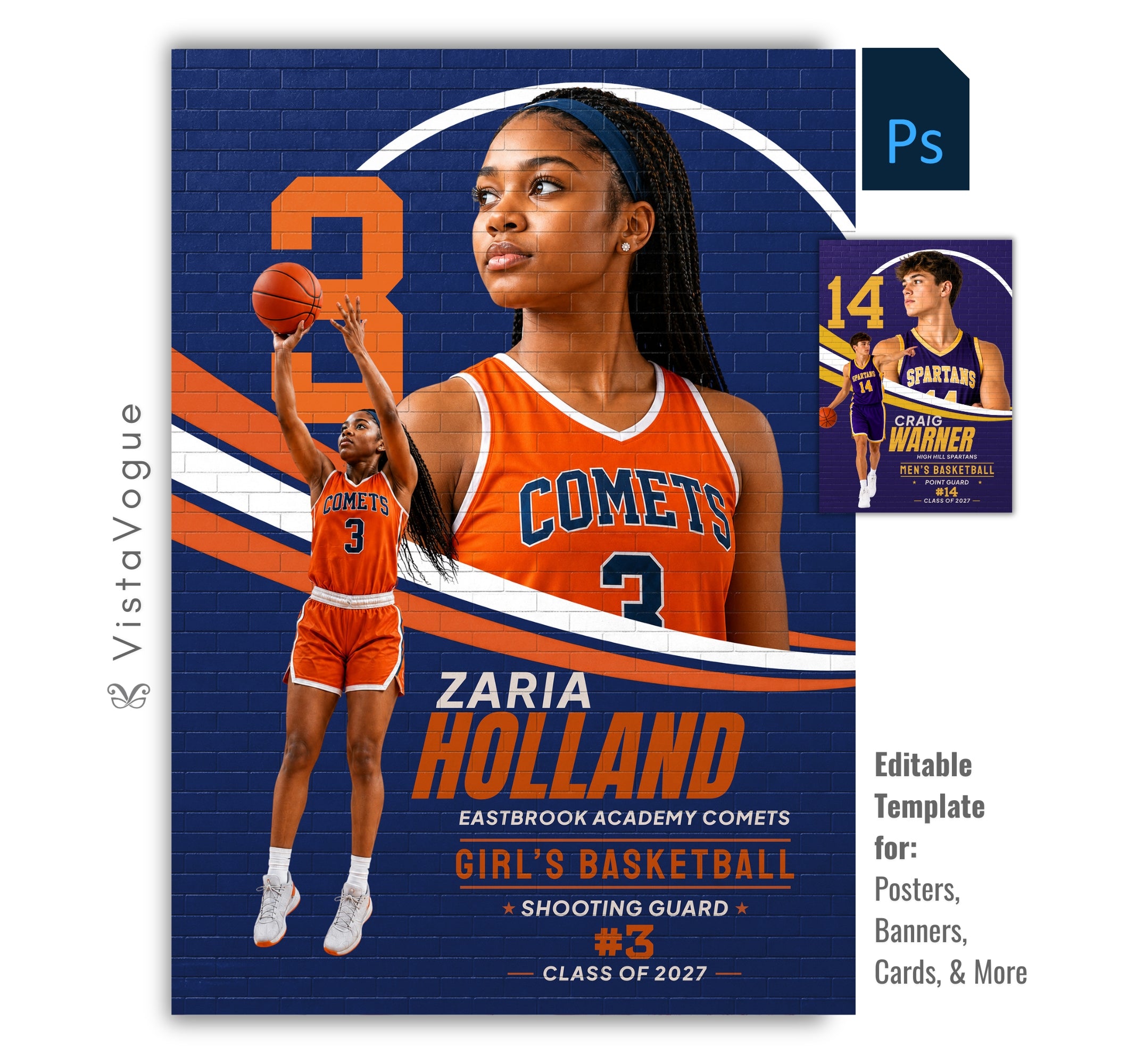 Editable basketball poster Photoshop template featuring a brick wall mural effect, oversized jersey number, layered player composition, customizable athlete information, and a modern 5:7 sports design.