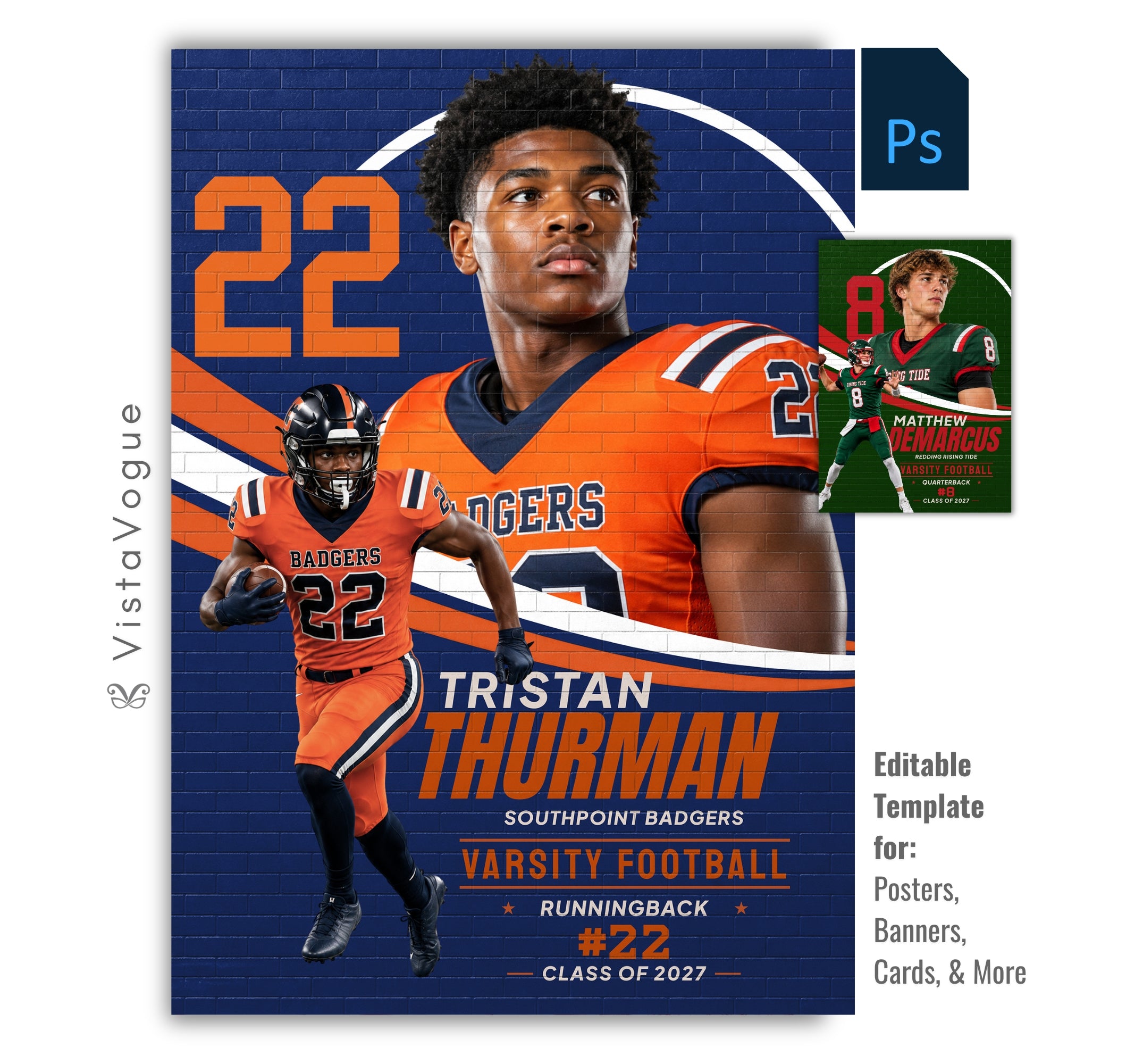 Editable football poster Photoshop template featuring a brick wall mural effect, oversized jersey number, layered player composition, customizable athlete information, and a modern 5:7 sports design.