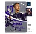 Editable hockey poster Photoshop template featuring a brick wall mural effect, oversized jersey number, layered player composition, customizable athlete information, and a modern 5:7 sports design.