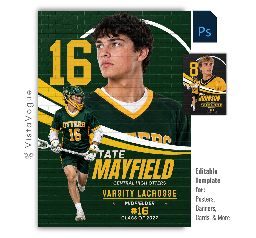 Editable lacrosse poster Photoshop template featuring a brick wall mural effect, oversized jersey number, layered player composition, customizable athlete information, and a modern 5:7 sports design.