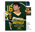 Editable lacrosse poster Photoshop template featuring a brick wall mural effect, oversized jersey number, layered player composition, customizable athlete information, and a modern 5:7 sports design.