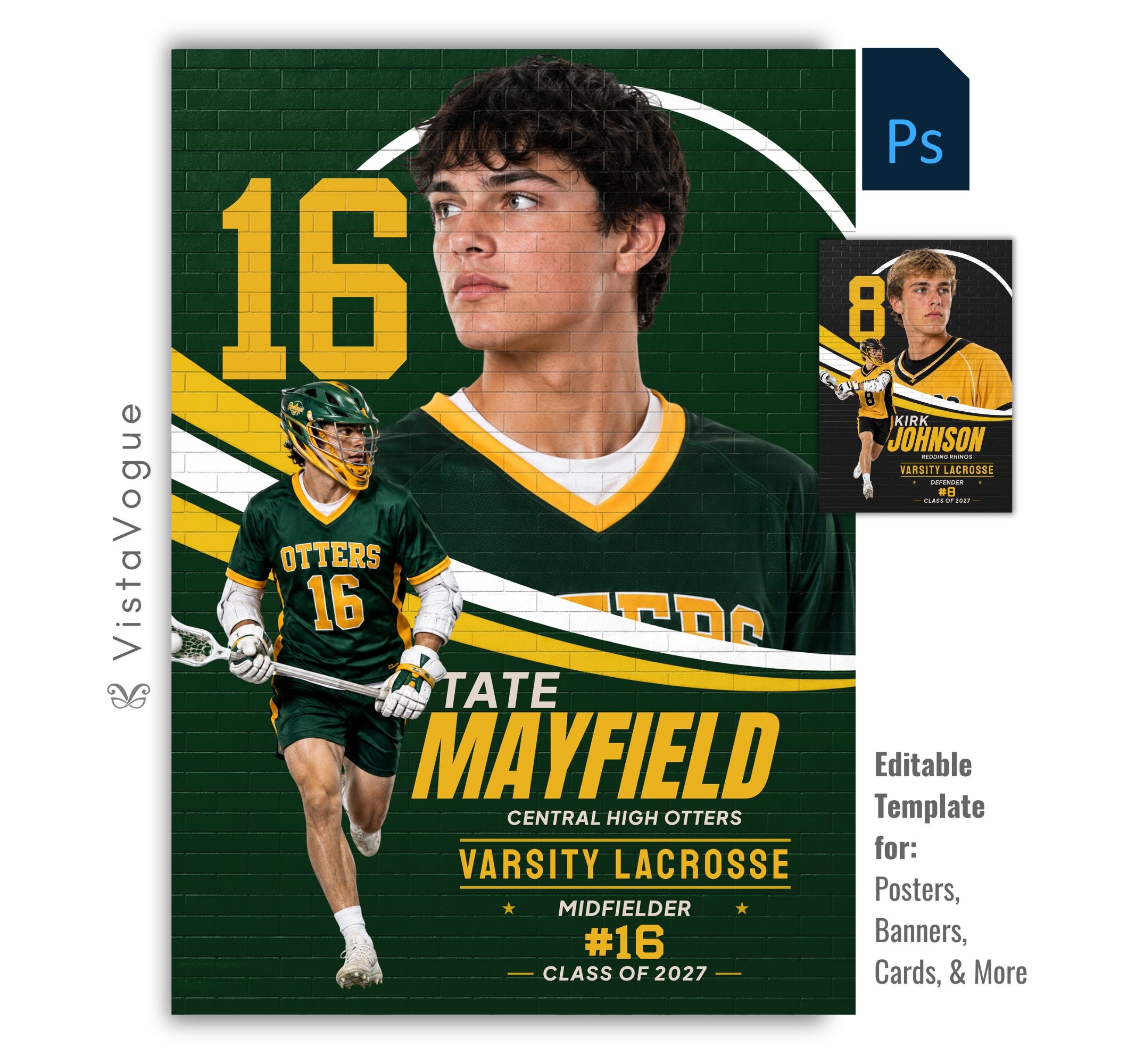 Editable lacrosse poster Photoshop template featuring a brick wall mural effect, oversized jersey number, layered player composition, customizable athlete information, and a modern 5:7 sports design.