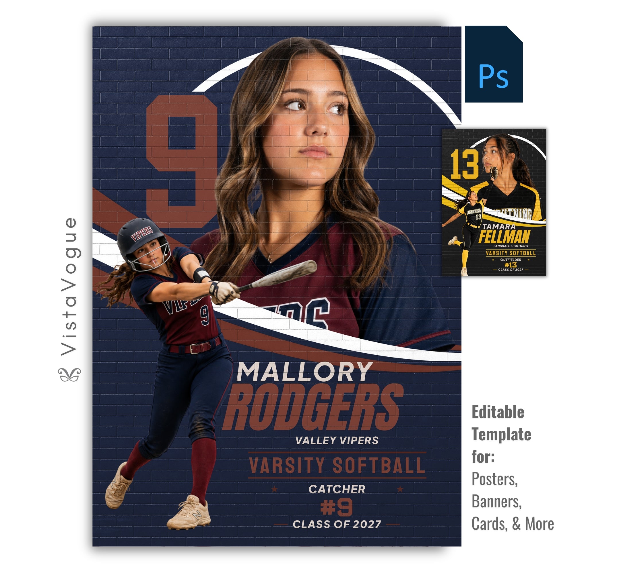 Editable softball poster Photoshop template featuring a brick wall mural effect, oversized jersey number, layered player composition, customizable athlete information, and a modern 5:7 sports design.