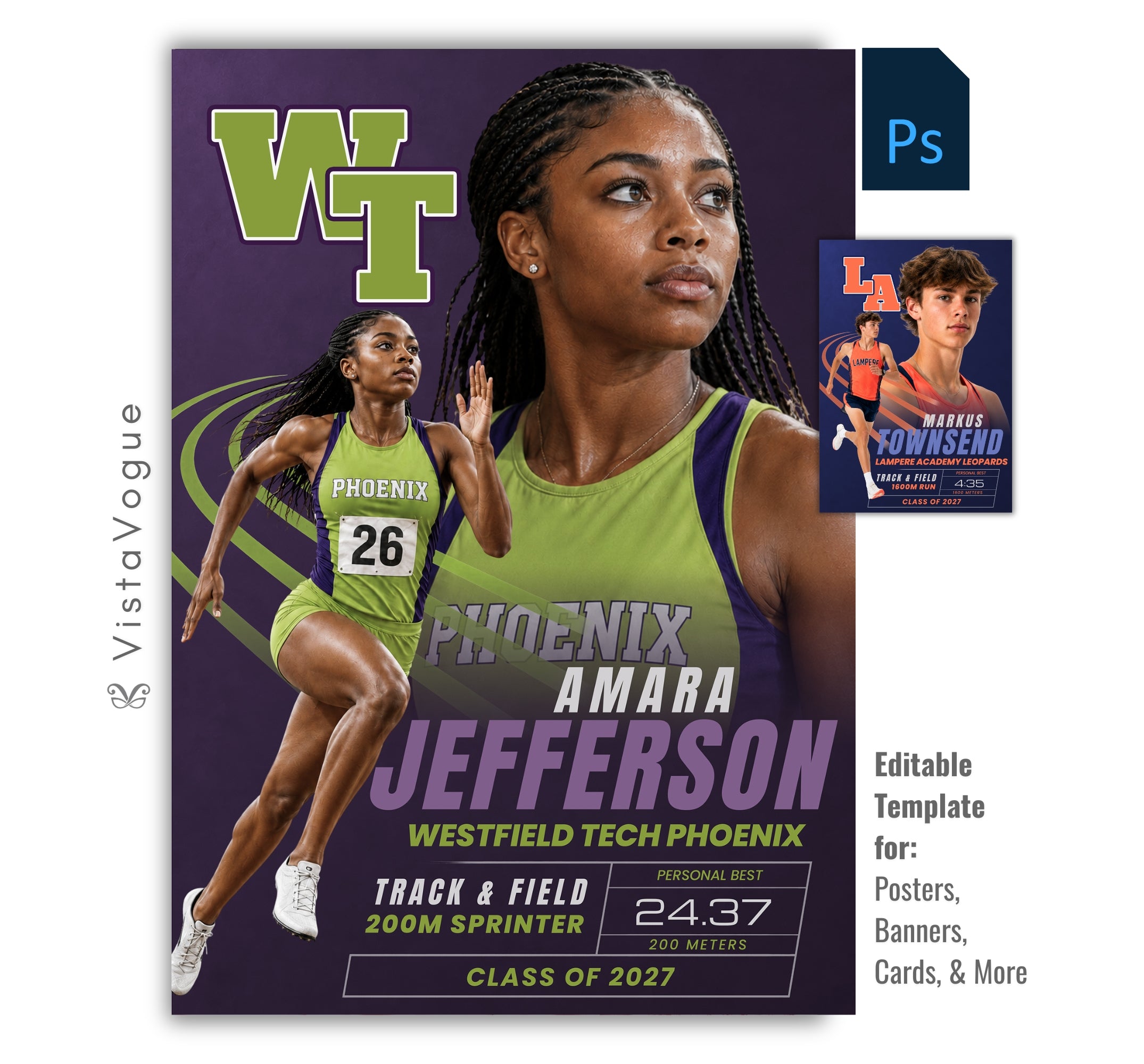 Editable track & field poster Photoshop template featuring flowing motion trails, layered athlete portraits, customizable personal best statistics, and a modern 5:7 sports design.