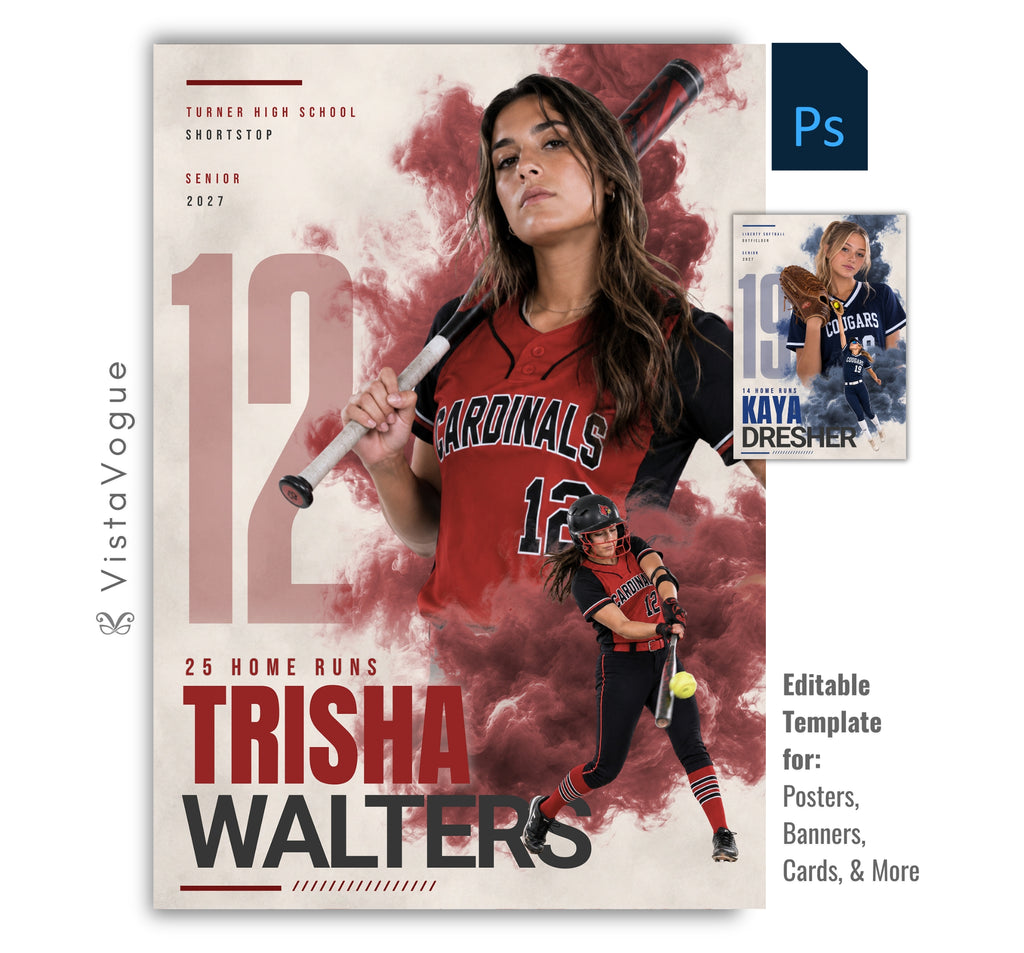 Editable softball poster Photoshop template featuring dynamic smoke effects, oversized jersey number, customizable player information, and a modern 5:7 athlete recognition design.