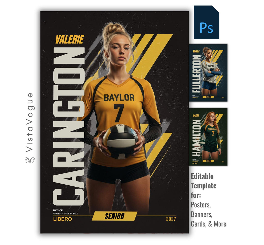 Editable volleyball poster Photoshop template featuring a volleyball player poster design with bold vertical typography and modern sports graphics.