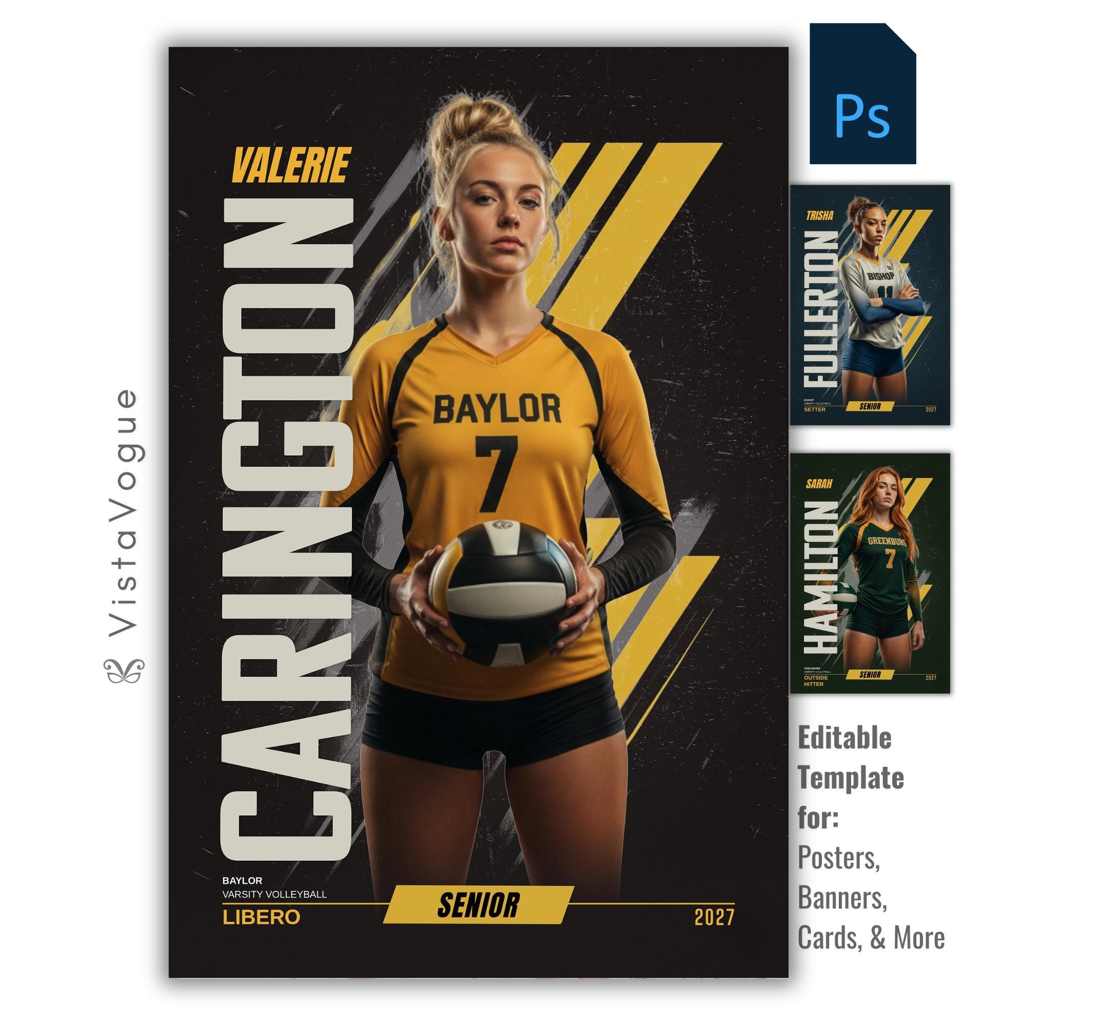 Editable volleyball poster Photoshop template featuring a volleyball player poster design with bold vertical typography and modern sports graphics.