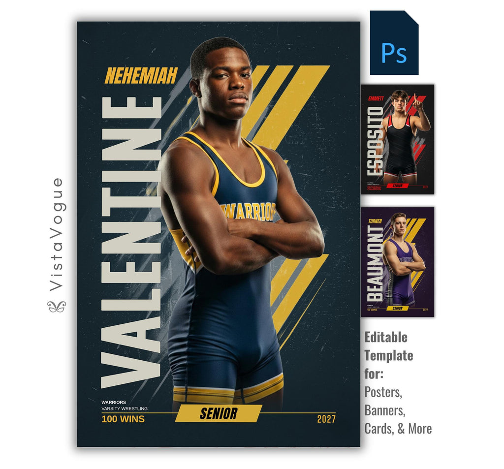 Editable wrestling banner Photoshop template featuring a wrestler poster design with bold vertical typography and modern sports graphics.