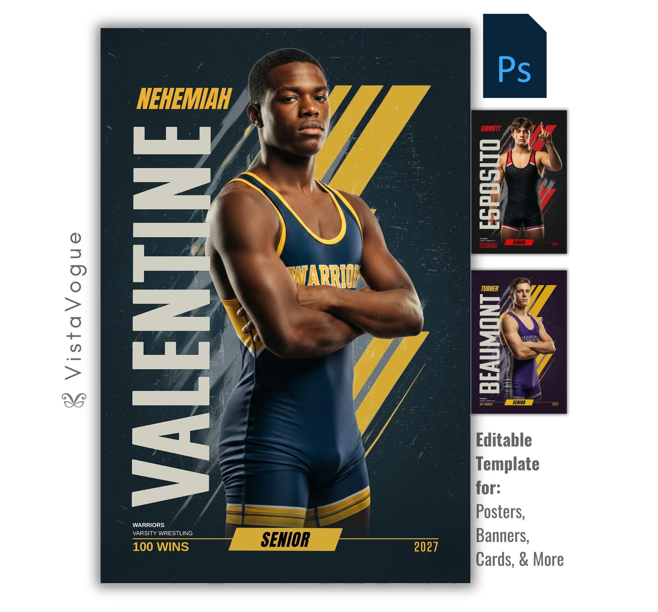 Editable wrestling banner Photoshop template featuring a wrestler poster design with bold vertical typography and modern sports graphics.