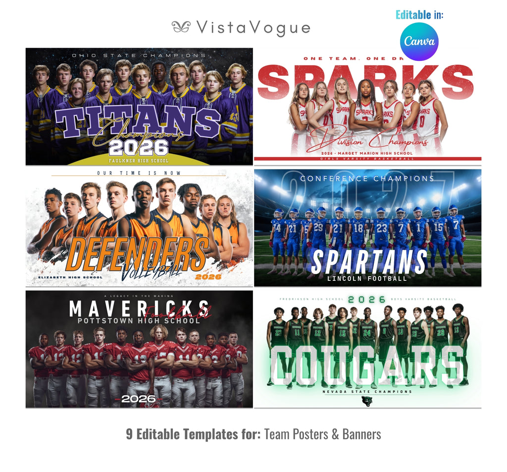 All sports team banner template bundle editable in Canva featuring multiple team poster styles and layouts