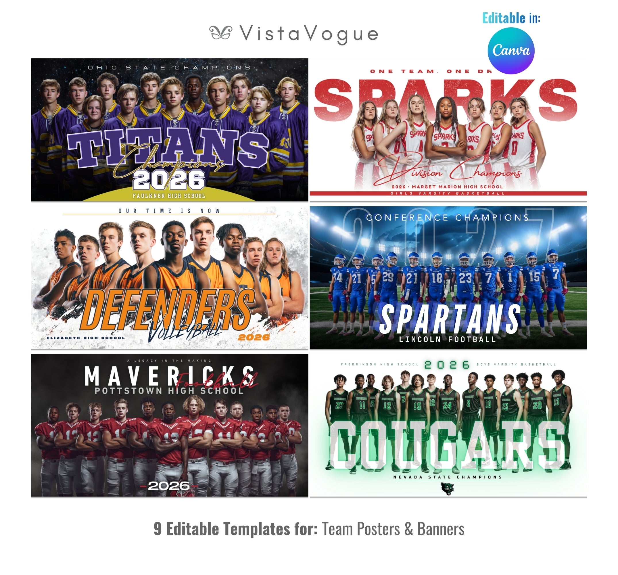 All sports team banner template bundle editable in Canva featuring multiple team poster styles and layouts