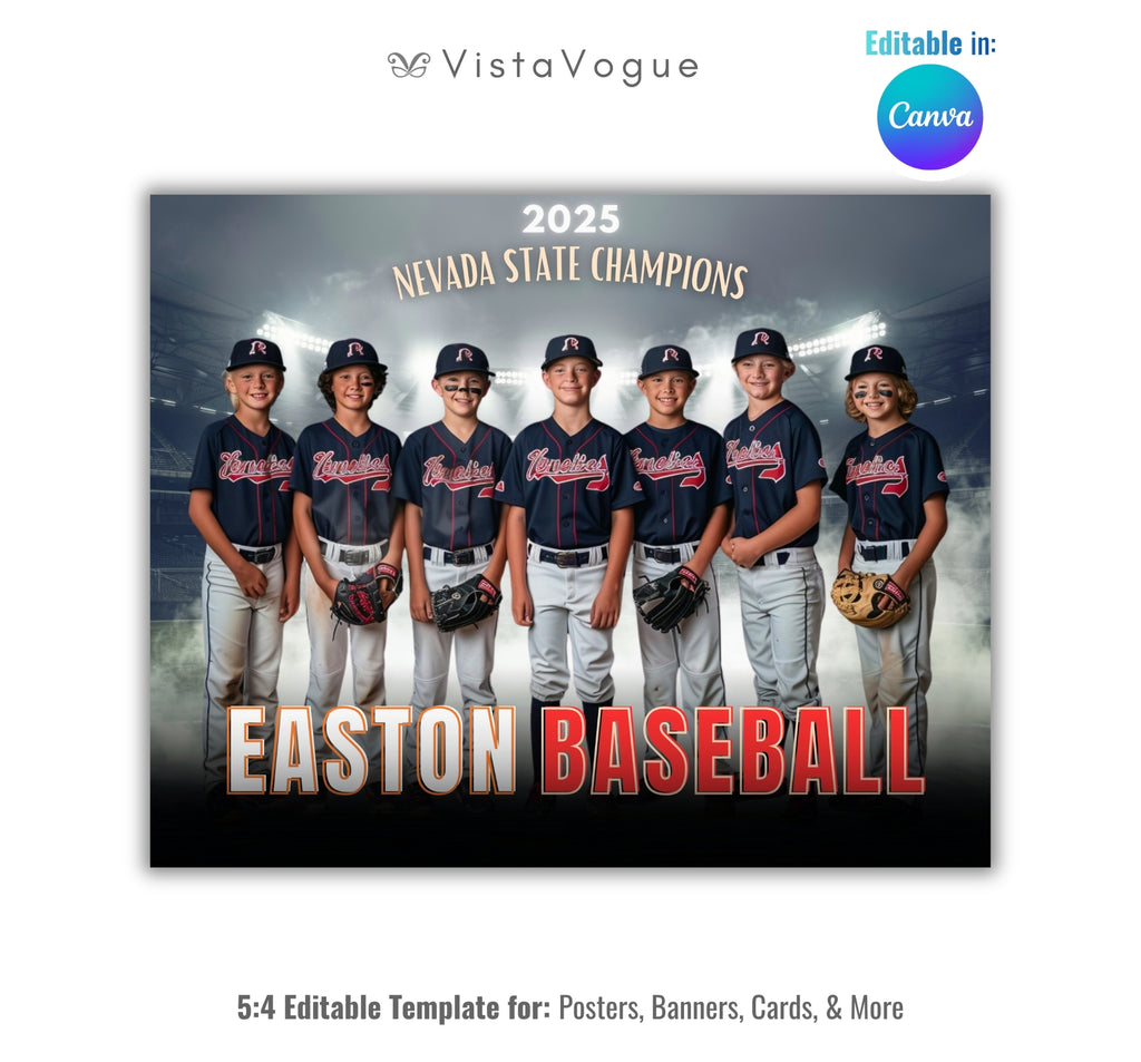All-sports team banner template editable in Canva with glowing stadium lights and smoky dark backdrop behind a full team lineup and bold oversized team name typography