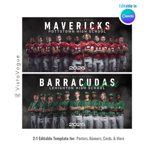 Universal sportstemplate editable in Canva with dark fog backdrop, wide team lineup design, and senior night poster layout for schools and sports teams