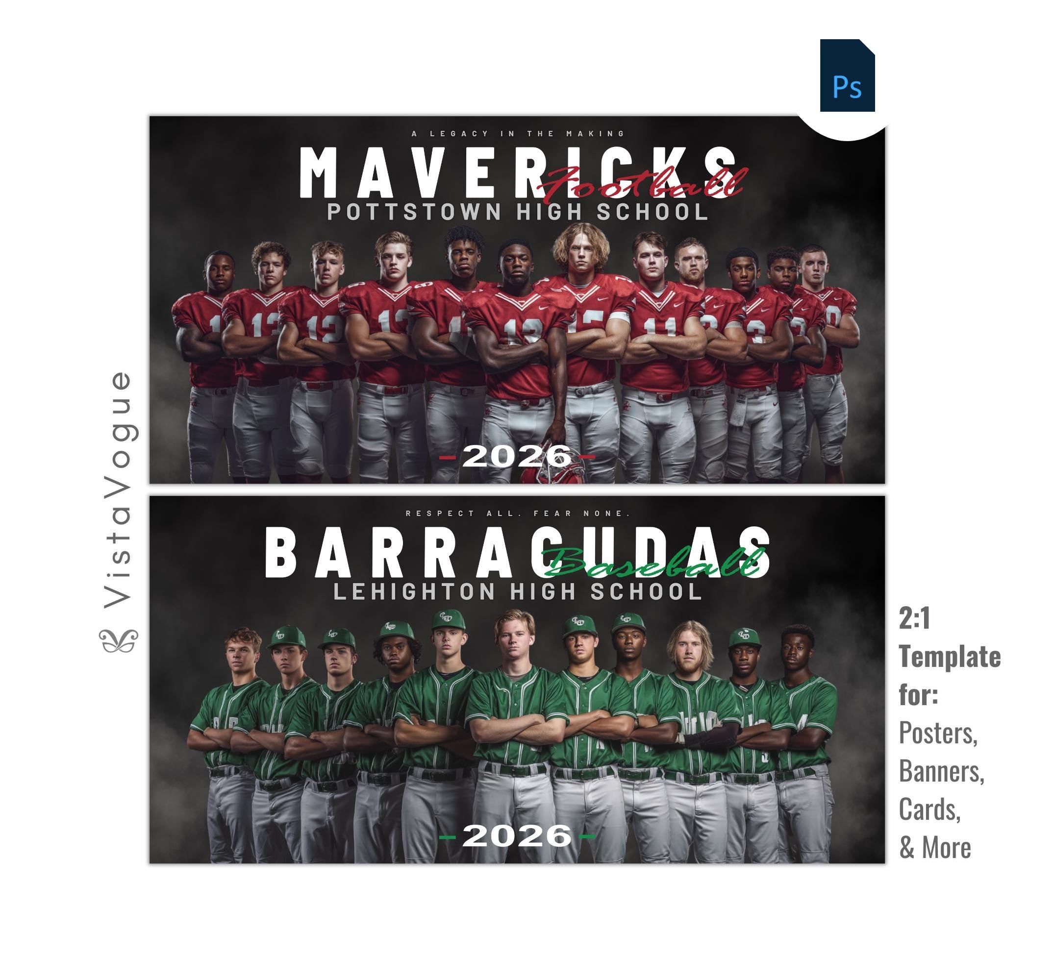 All sports team banner template for Photoshop with dark smoky backdrop, dramatic team lineup composition, and senior night sports banner layout