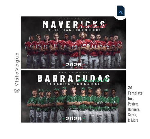 All sports team banner template for Photoshop with dark smoky backdrop, dramatic team lineup composition, and senior night sports banner layout
