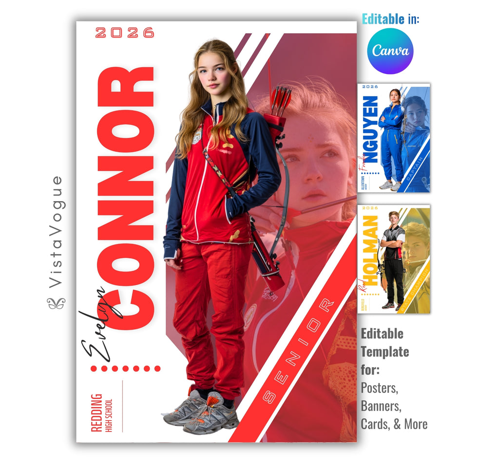 Archery senior night banner template editable in Canva with clean geometric layout, layered athlete images, and customizable sports poster design for player cards and team graphics