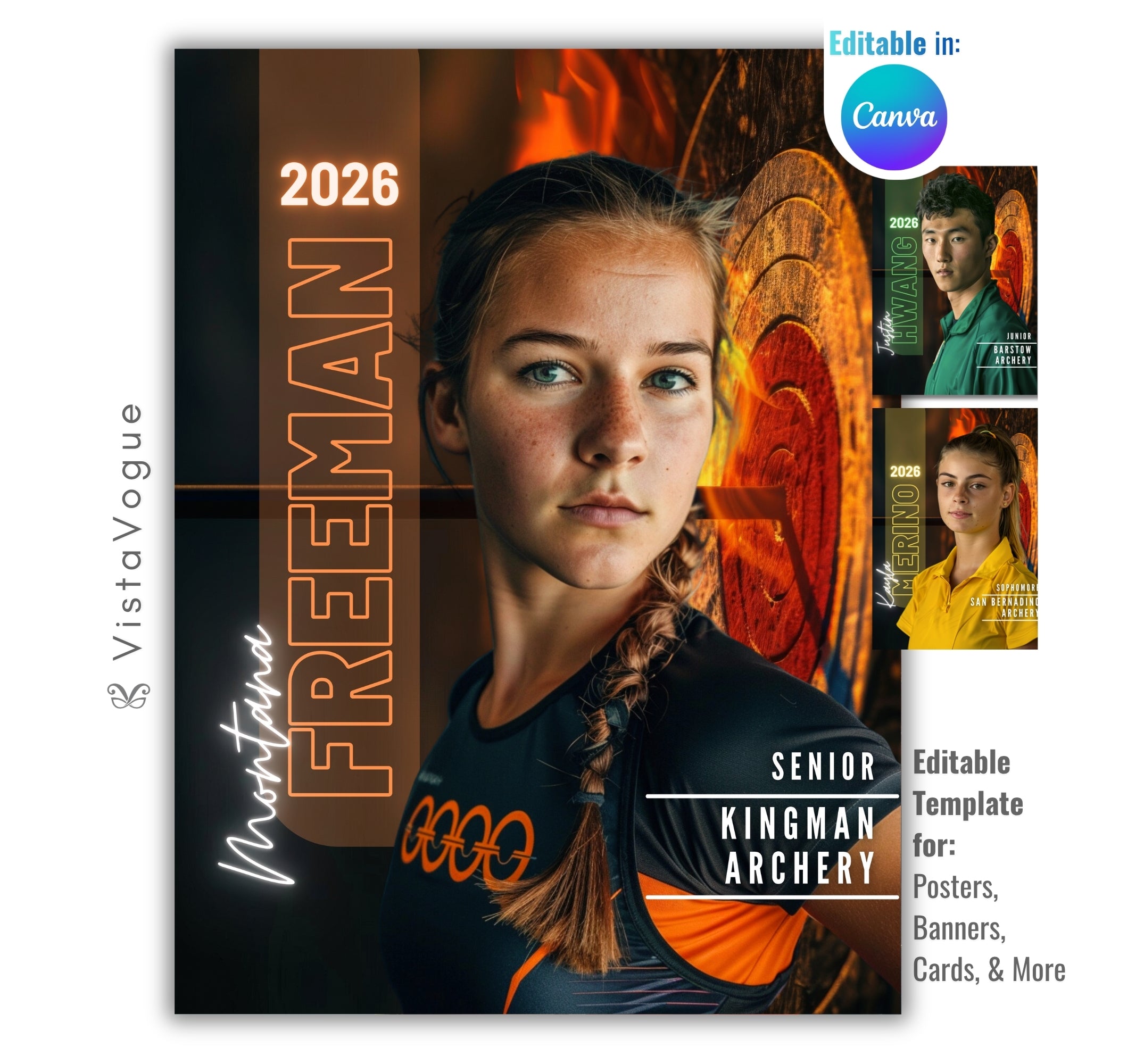 Archery poster template editable in Canva with fiery archery target backdrop and glowing sports atmosphere