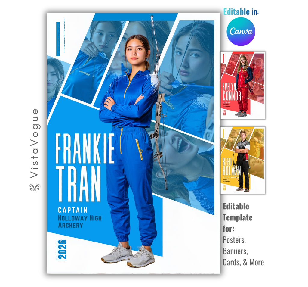 Archery trading card and poster template editable in Canva with clean white geometric panel layout and multi-photo action collage framing the athlete