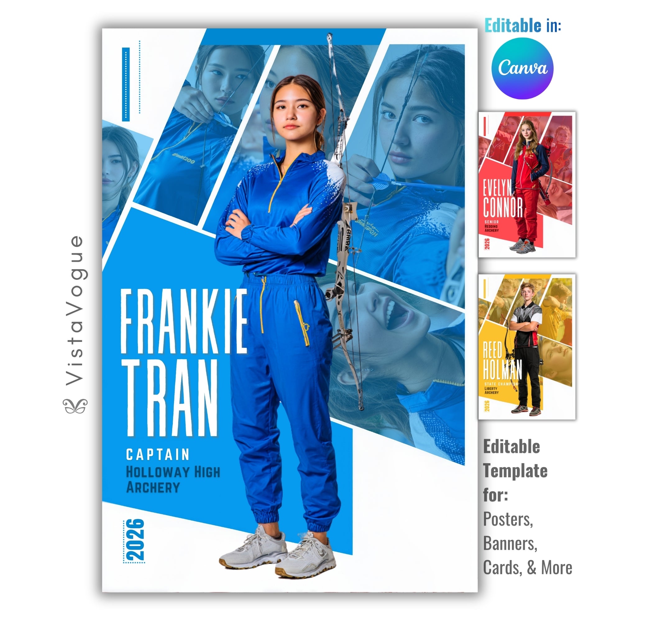 Archery trading card and poster template editable in Canva with clean white geometric panel layout and multi-photo action collage framing the athlete