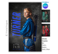 Archery senior night poster and player banner template editable in Canva with repeating surname typography layered over a smoky charcoal backdrop behind the over-the-shoulder athlete portrait