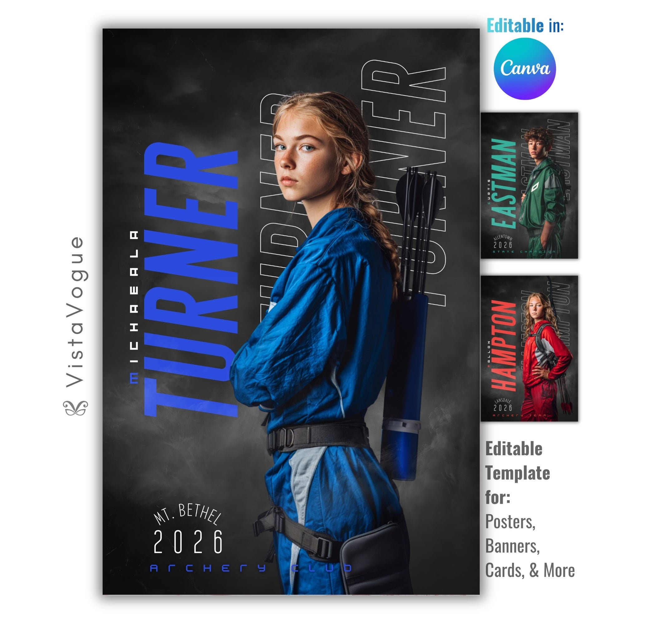 Archery senior night poster and player banner template editable in Canva with repeating surname typography layered over a smoky charcoal backdrop behind the over-the-shoulder athlete portrait