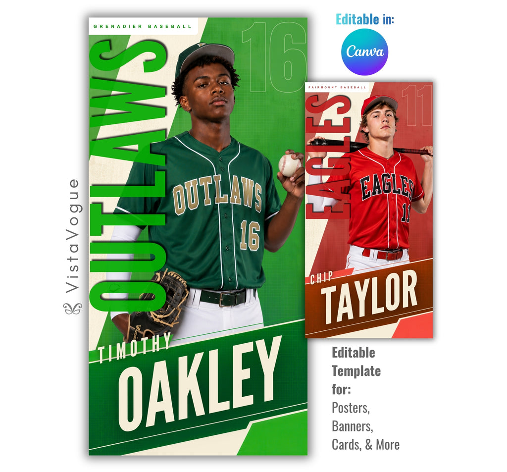 Editable baseball banner template with modern sports poster design shown in Canva mockup