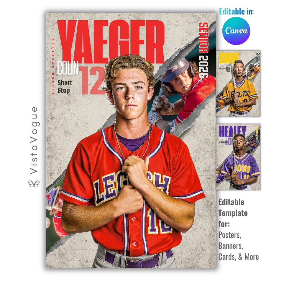 Baseball Poster Template | Editable in Canva | 2:3 | Torn Backdrop Style