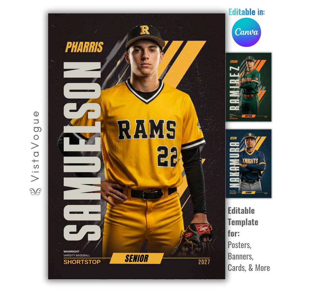 Baseball player banner template editable in Canva with clean modern graphics, bold vertical typography, and senior poster layout for sports photography designs