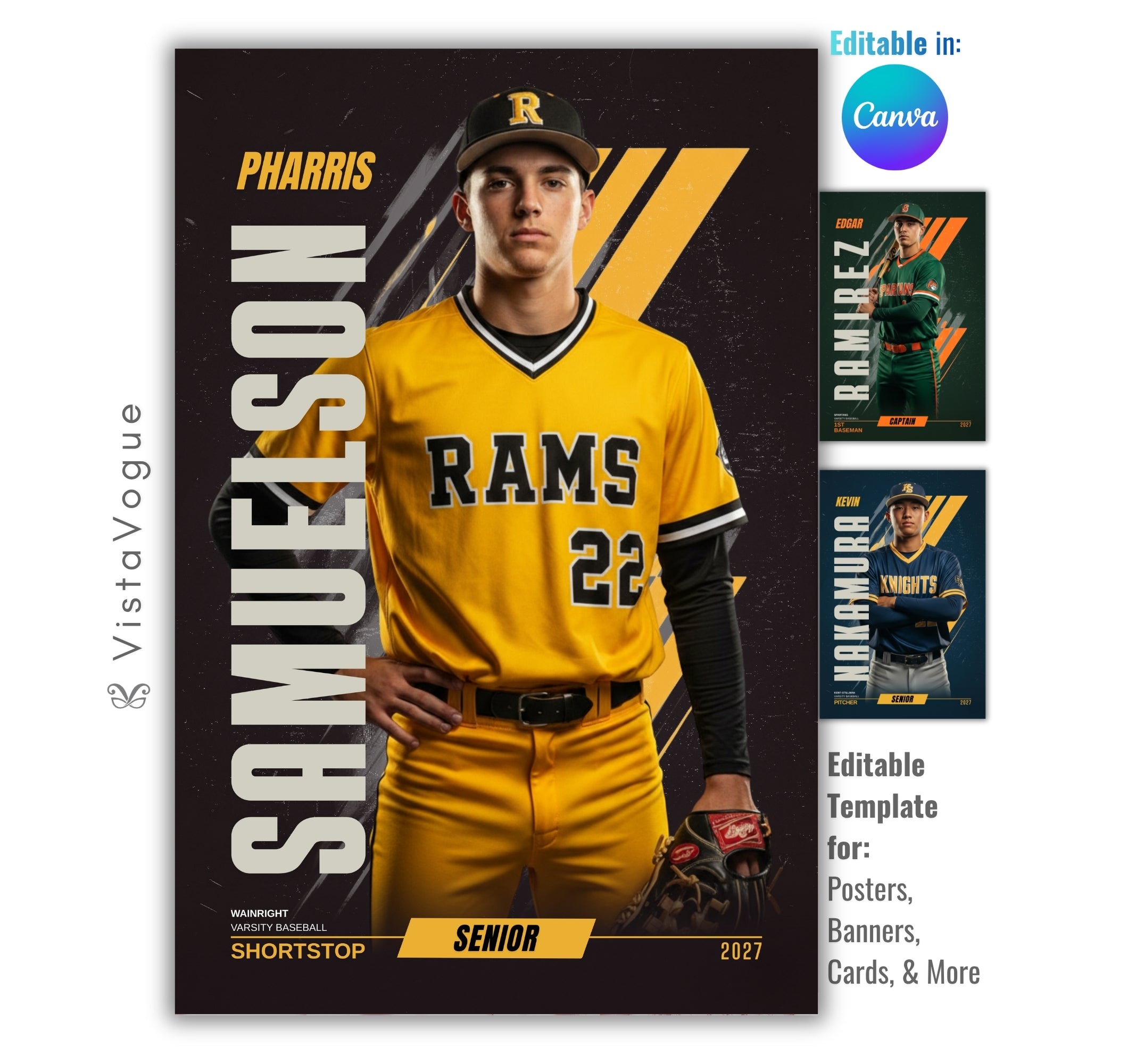 Baseball player banner template editable in Canva with clean modern graphics, bold vertical typography, and senior poster layout for sports photography designs