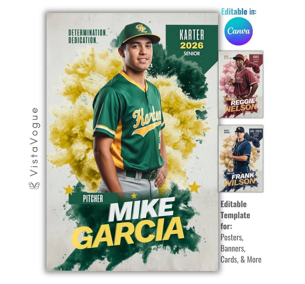 Baseball senior night poster template editable in Canva with colorful smoke cloud background, clean athlete banner layout, and customizable player poster design