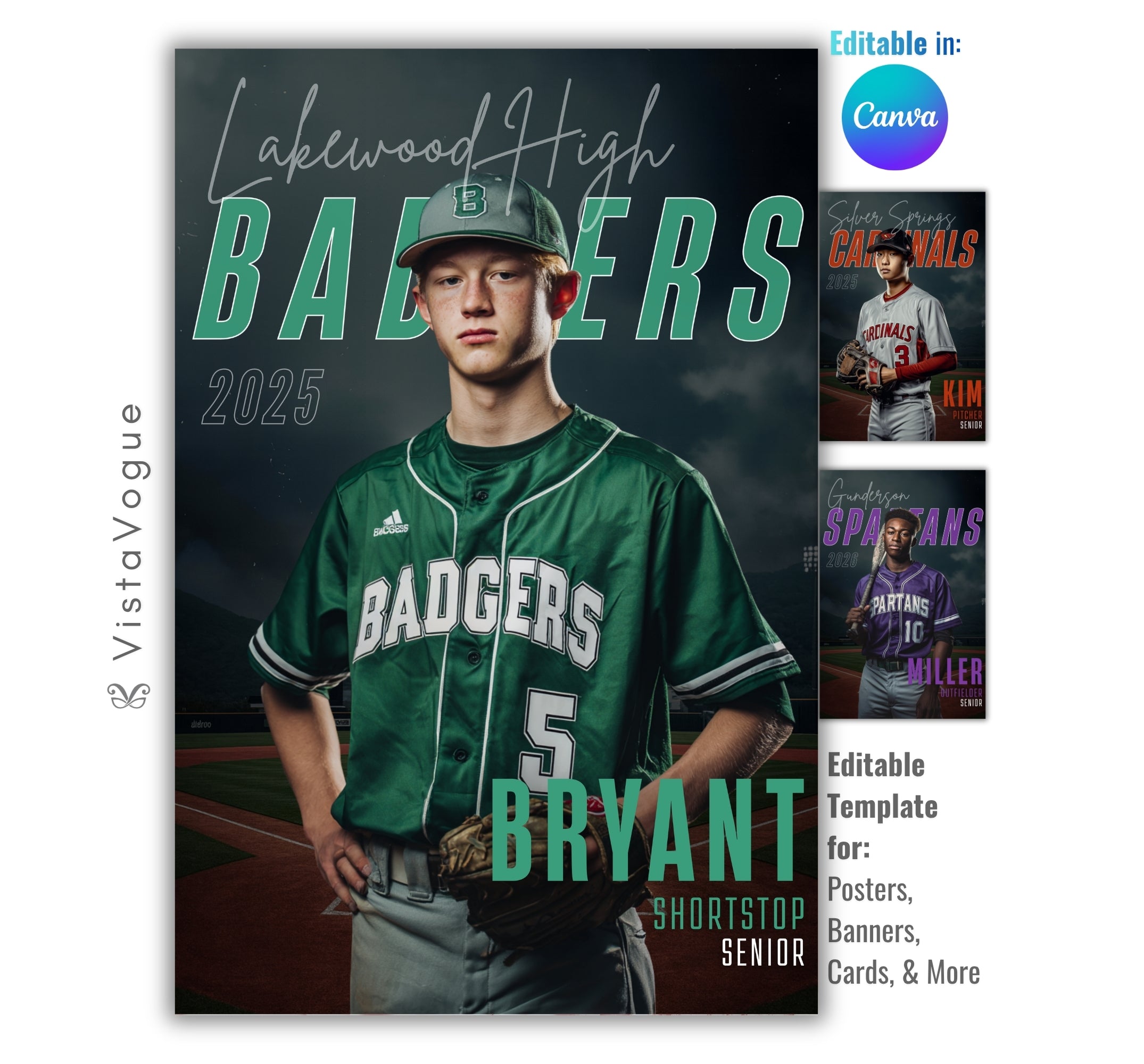 Baseball poster template editable in Canva with faded stadium backdrop and oversized team typography