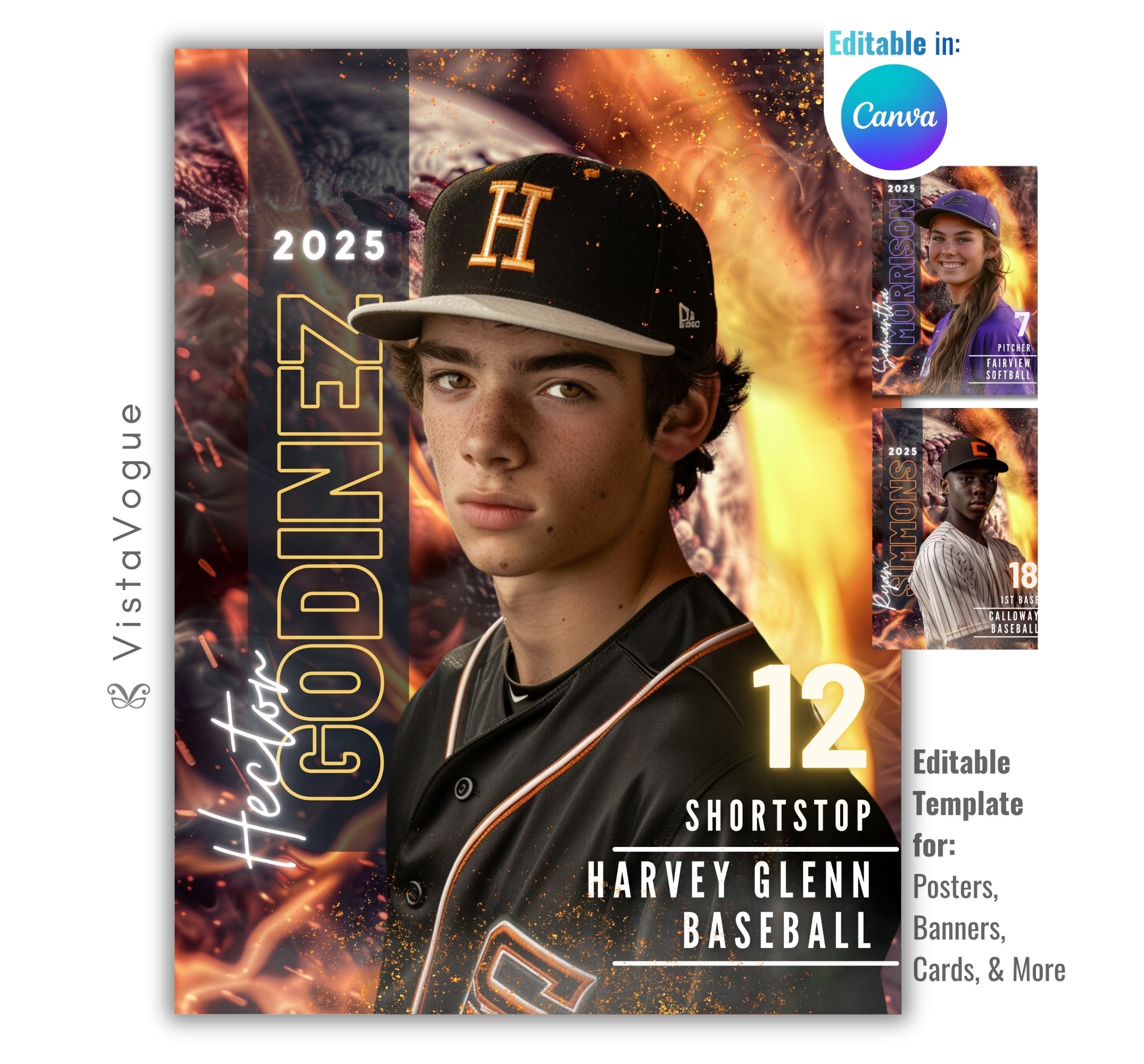 Baseball poster template editable in Canva with fiery background effects and glowing ember overlays