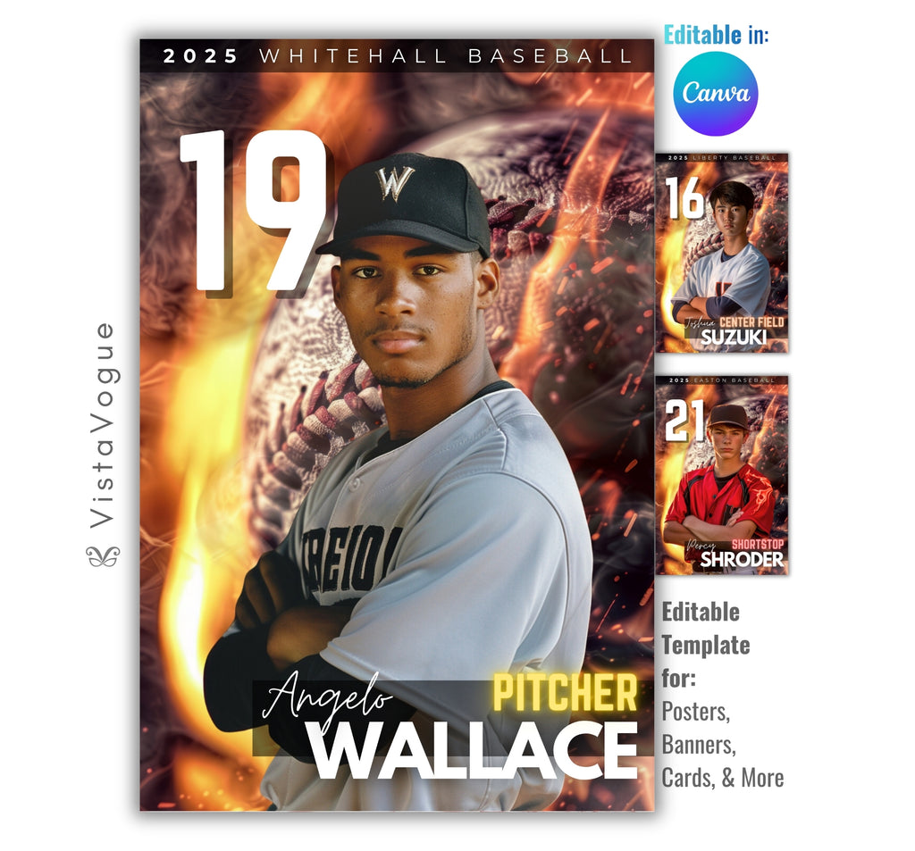 Baseball trading card and poster template editable in Canva with fire flames and oversized baseball texture backdrop surrounding the athlete